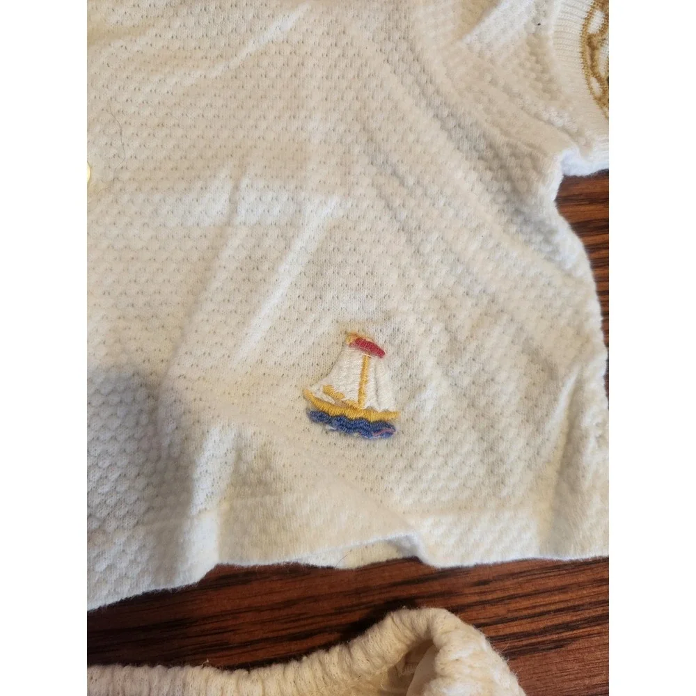 Vintage Two Piece Baby Set Plastic Lined Bottoms With‎ Embroidered Sailboat